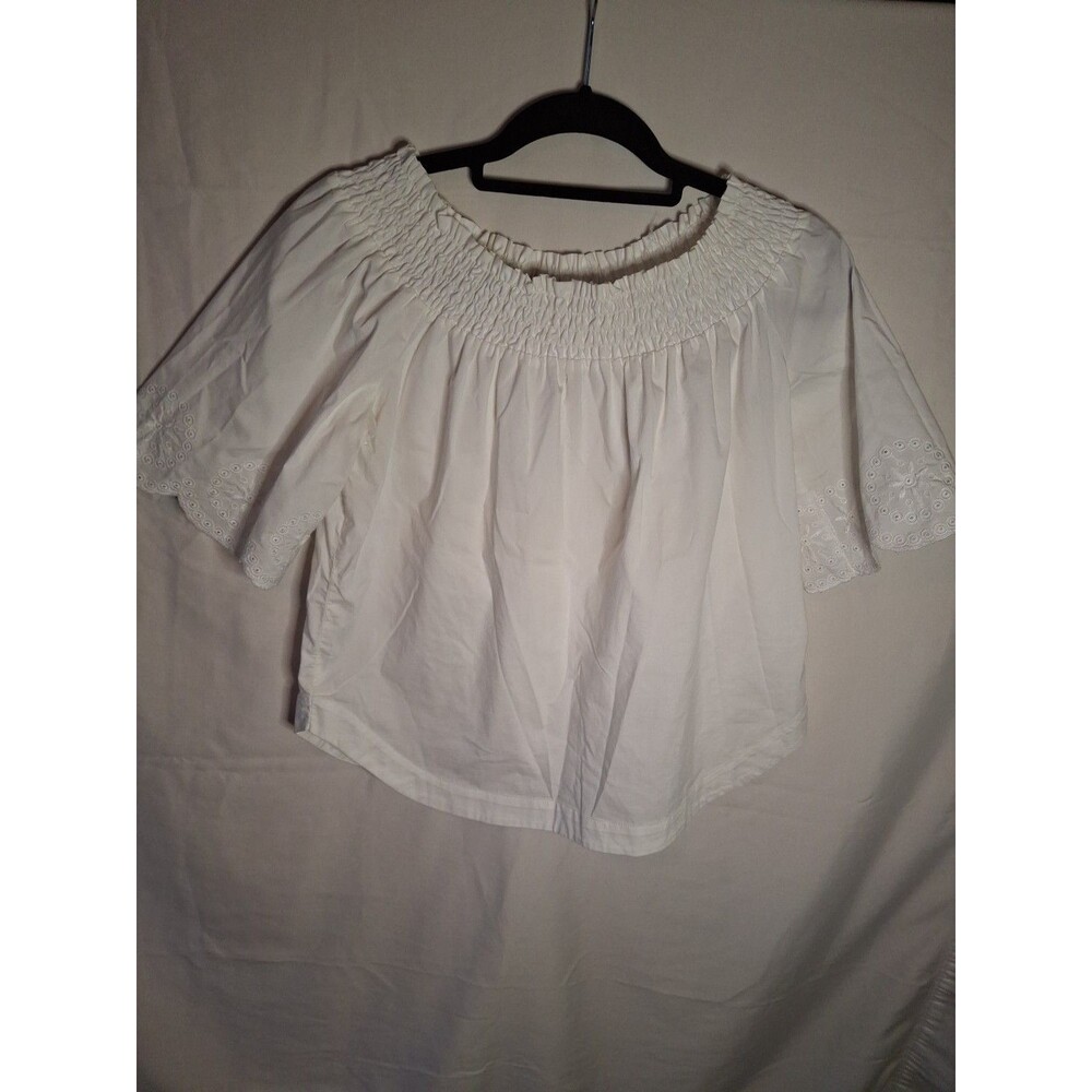 7TH AVENUE Design Studio Women's White Smocked Neck Top Size L 3/4 Sleeve